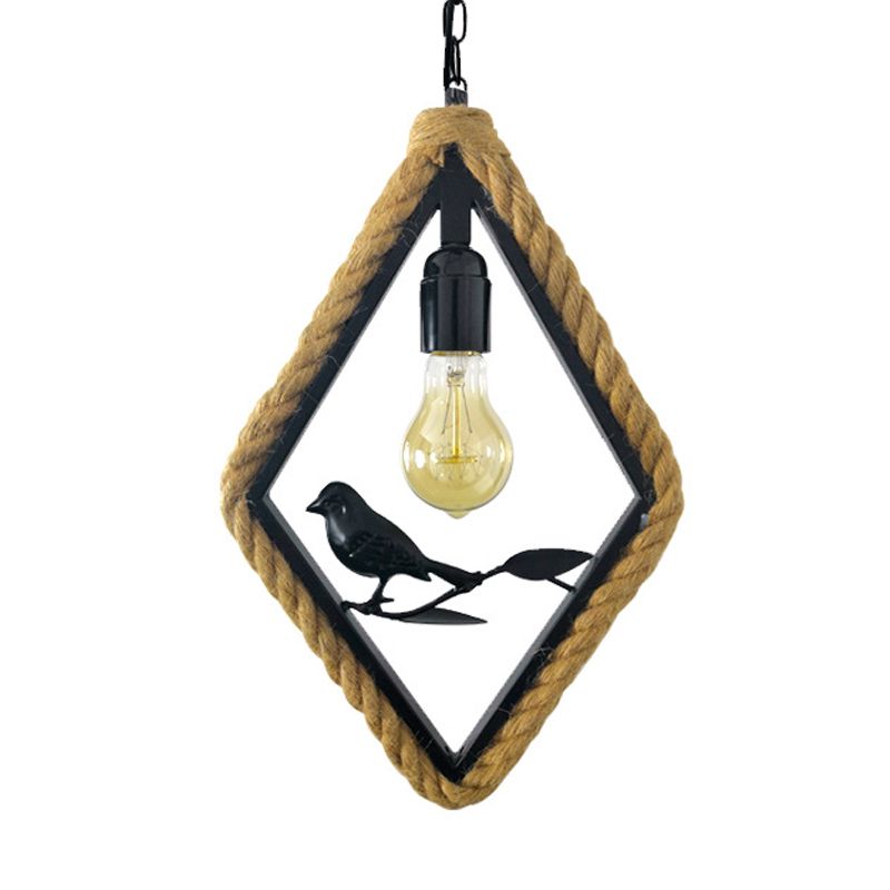 1 Light Round/Rhombus/Square Pendant Lighting Black Rope Hanging Light Fixture for Living Room with Bird Deco