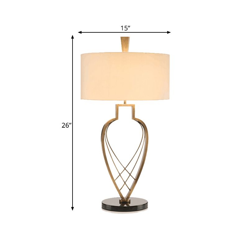 Modern Drum Night Table Light Fabric 1 Bulb Study Room Reading Lamp in Beige with Gold Urn Frame Base