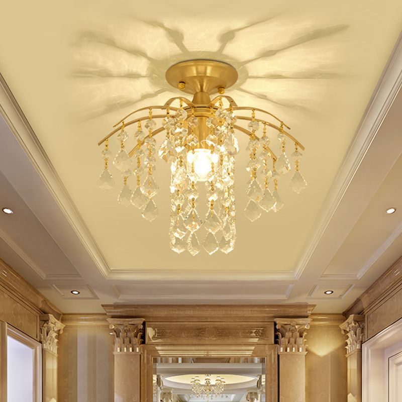 Modern Cascade Semi Flush Mount Crystal 1 Light Corridor Ceiling Light Fixture in Gold