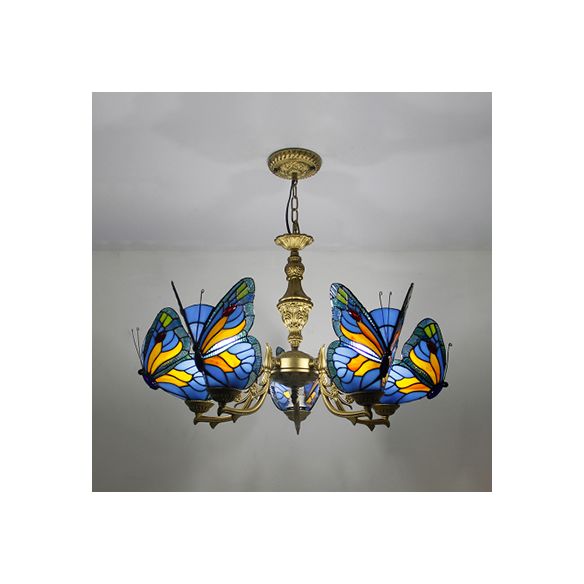 Loft Style Butterfly Ceiling Light Fixture with Adjustable Chain Stained Glass Foyer Pendant Light in White/Red/Blue/Orange-Green