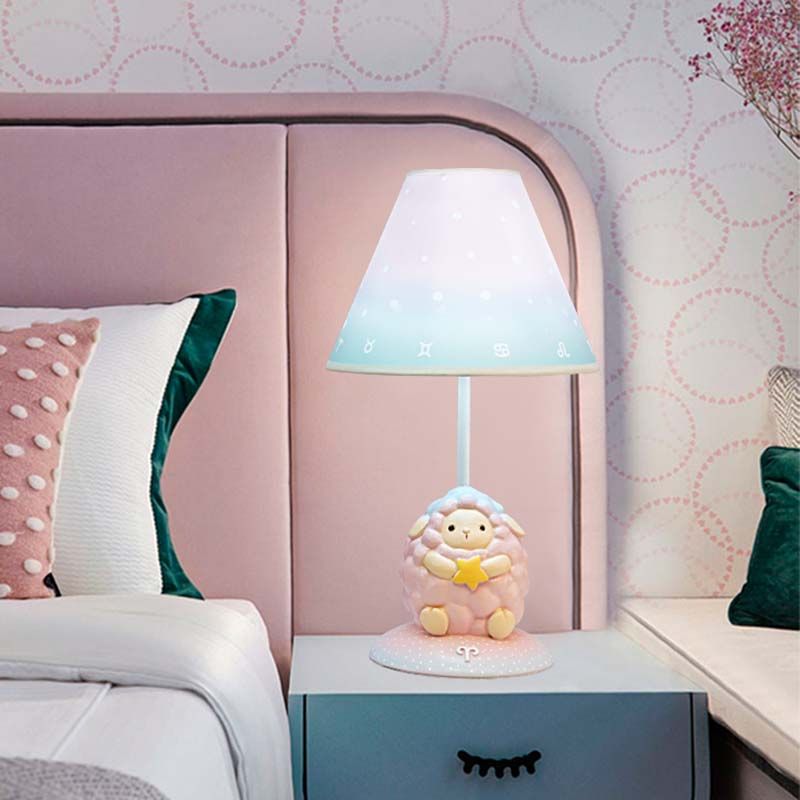 Pink Constellation Night Table Light Cartoon 1 Bulb Resin Nightstand Lamp with Cone Fabric Shade