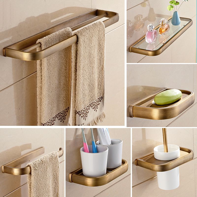 Brushed Brass 4-Piece Bathroom Accessory Set Vintage Bronze Bath Shelf/Towel Bar