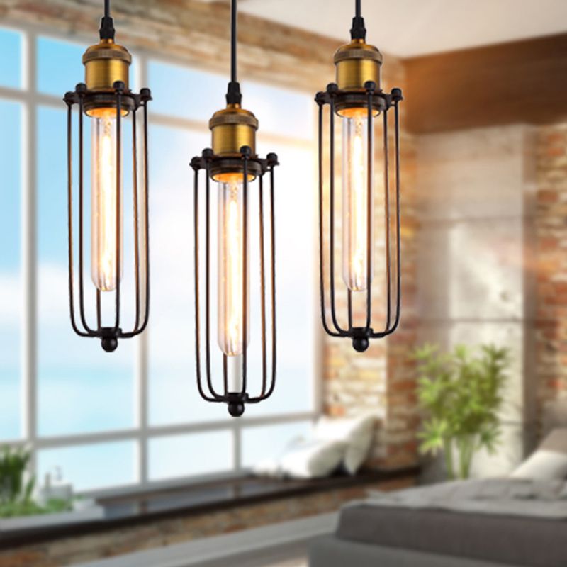 Vintage Industrial Cylindrical Wire Cage Pendant Light Black Metal Suspension Light  for Living Room