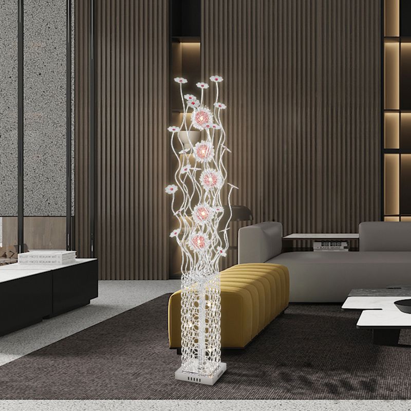 Cuboid Metallic Stand Up Lamp Decorative  Living Room LED Floor Lighting with Floret Design in Silver, Warm/White Light