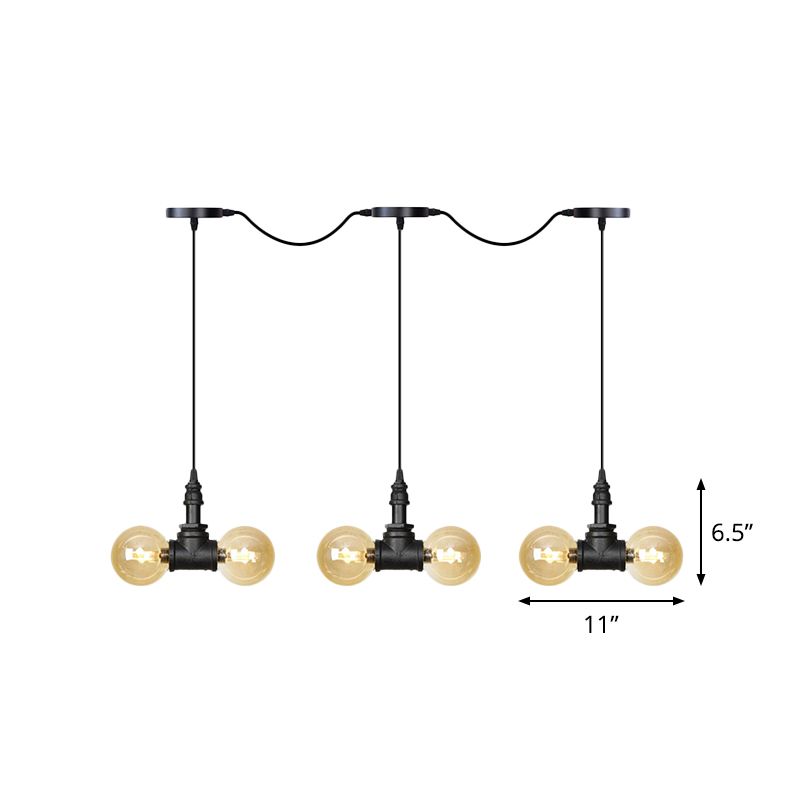 Black 6/10/14 Heads Multi Light Pendant Vintage Amber Glass Ball Tandem LED Suspension Lamp