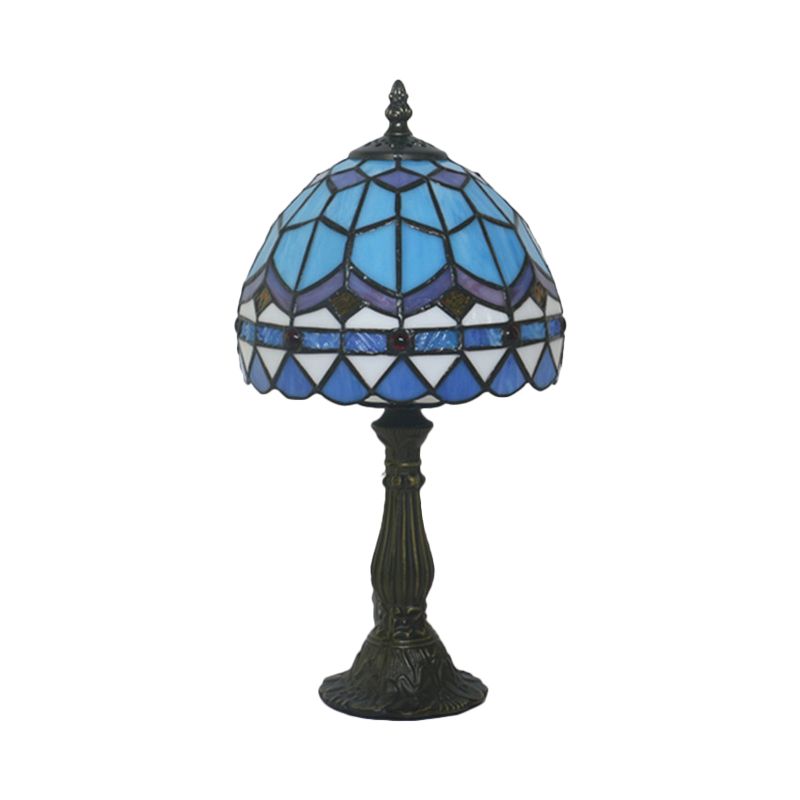 1 Bulb Table Lighting Tiffany Bowl Shaped Stained Art Glass Night Lamp in Yellow/Blue with Baluster