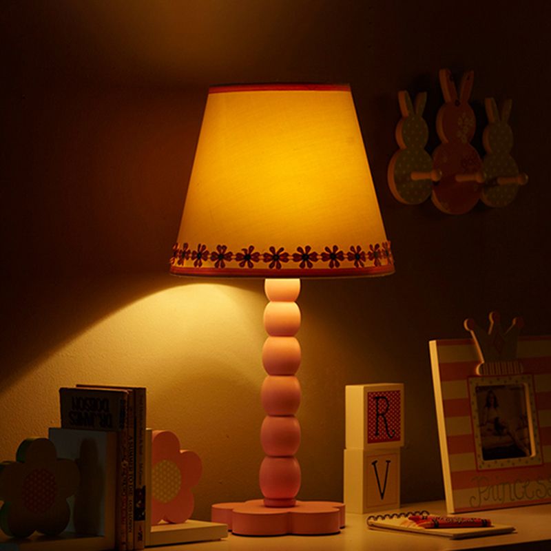 White and Pink Barrel Reading Lighting with Flower Pattern Contemporary 1 Light Wood Night Table Lamp