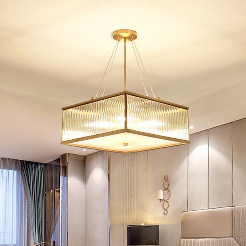 Square Clear Faceted Crystal Suspension Lamp Postmodern 4 Lights Brass Hanging Chandelier