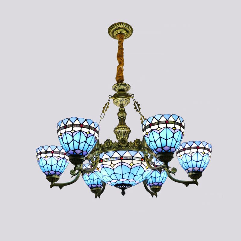 Bowl Chandelier Lighting Fixture Tiffany-Style Stained Art Glass Hanging Chandelier