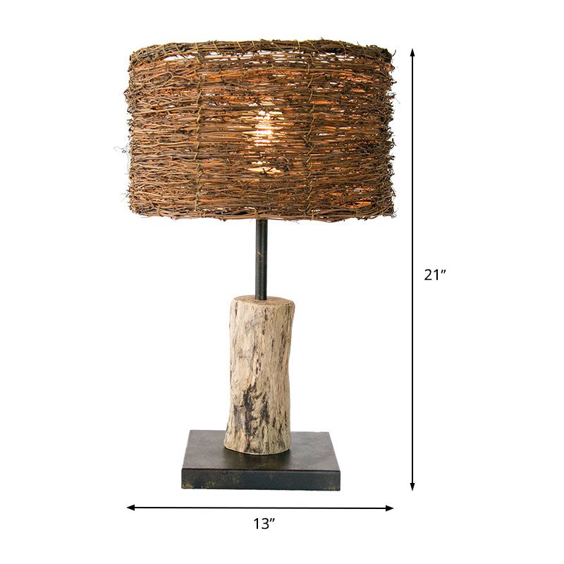 Cylinder Small Desk Lamp Asian Bamboo 1 Head Brown Task Lighting for Living Room