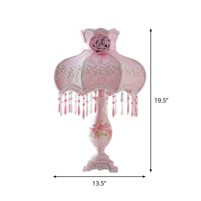 Korean Garden Scalloped Table Light Fabric Bedroom Night Lamp in Pink with Drape and Vase Base