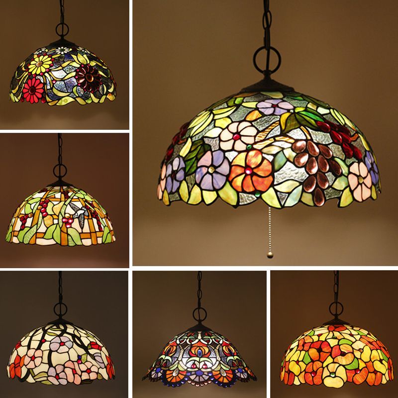 Hand-Crafted Glass Black Chandelier Domed 3 Lights Mediterranean Pendant Lamp with Plant Pattern