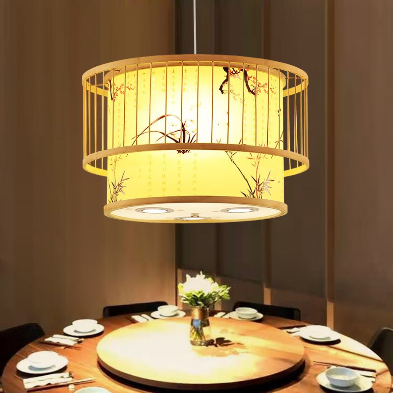 Chinese Cylinder Ceiling Pendant Light Bamboo Hanging Lamp for Tea Room