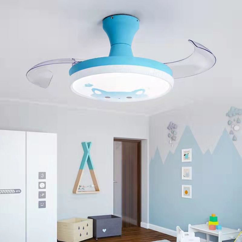 Round Study Room Ceiling Fan Light Metallic Macaron Style LED Semi Flush Mount Lighting