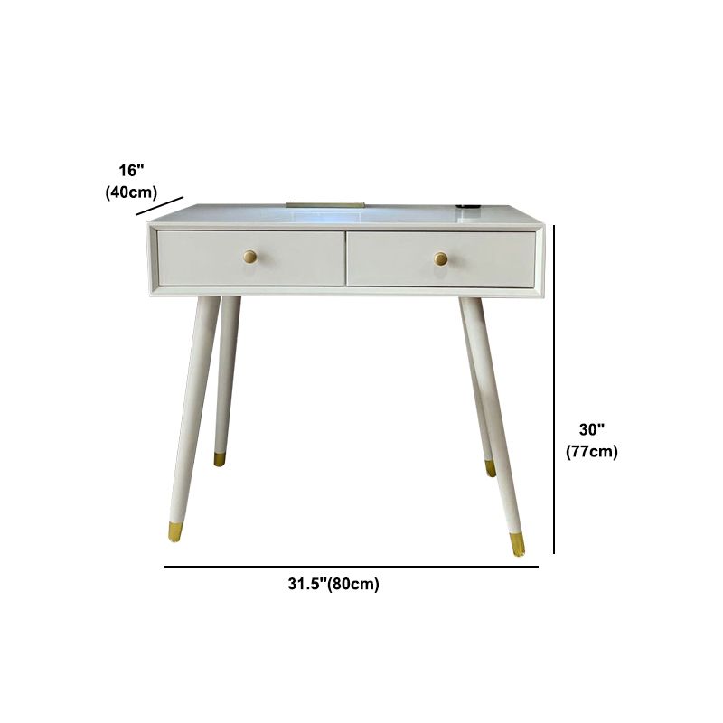 Rectangular Dressing Table Made of White Solid Wood with 5 Drawers and 1 Grey Stool