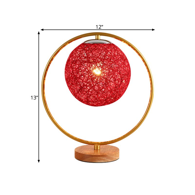 Beige/Red Sphere Desk Lamp Minimalism Single Head Fabric Night Lighting with Round Frame Design