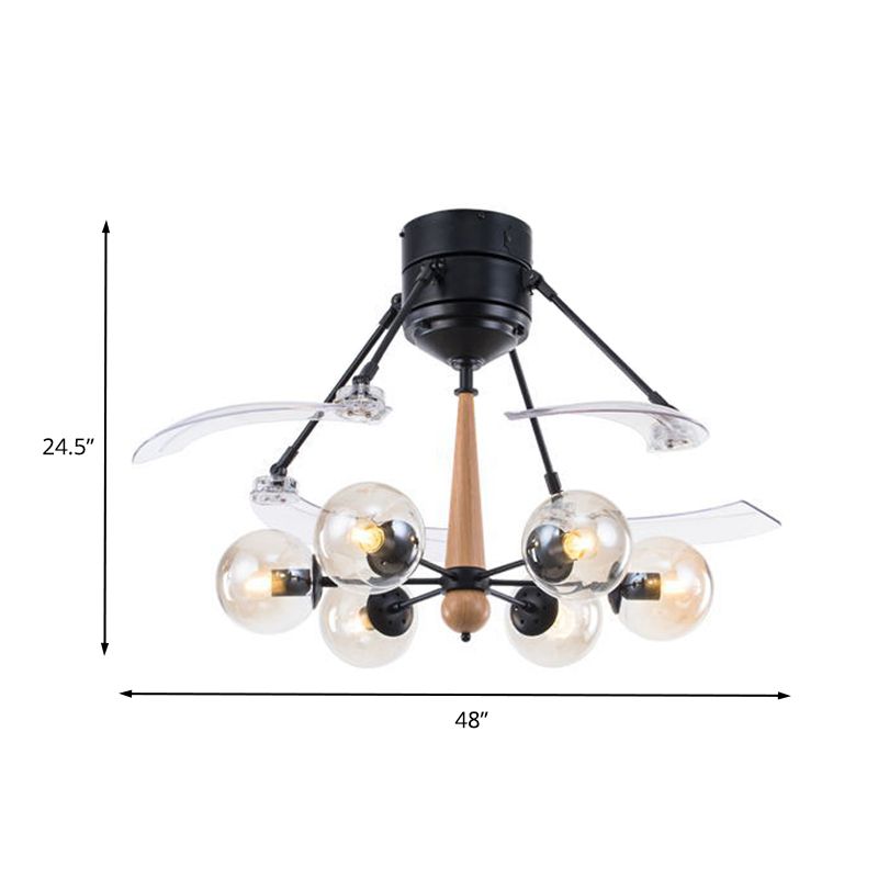 Industrielle Kugel Hanging Deckenlüfter Lampe 48 "W 6 Köpfe klares Glas Halbflushmount in Schwarz mit radialem Design, 4 klare Klingen