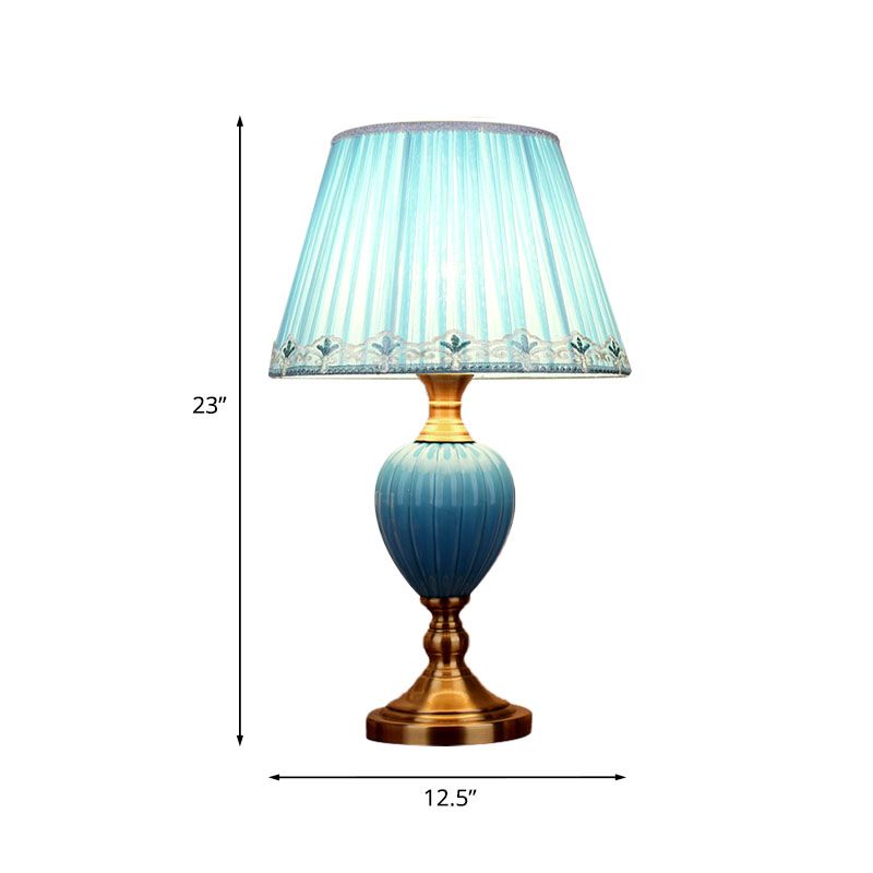 1-Light Scalloped/Tapered Night Lamp Retro Sky Blue/Light Blue Pleated/Paneled Fabric Table Lighting with Droplet Ceramic Base