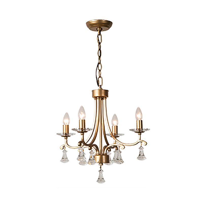 Brass Starburst Hanging Chandelier Modernism 4 Bulbs Metal Ceiling Pendant Light with Clear Crystal Drop