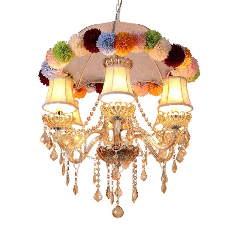 Retro Paneled Bell Suspension Lamp 6-Bulb Fabric Chandelier in Pink with with Crystal Accent and Floral Ball Ornament