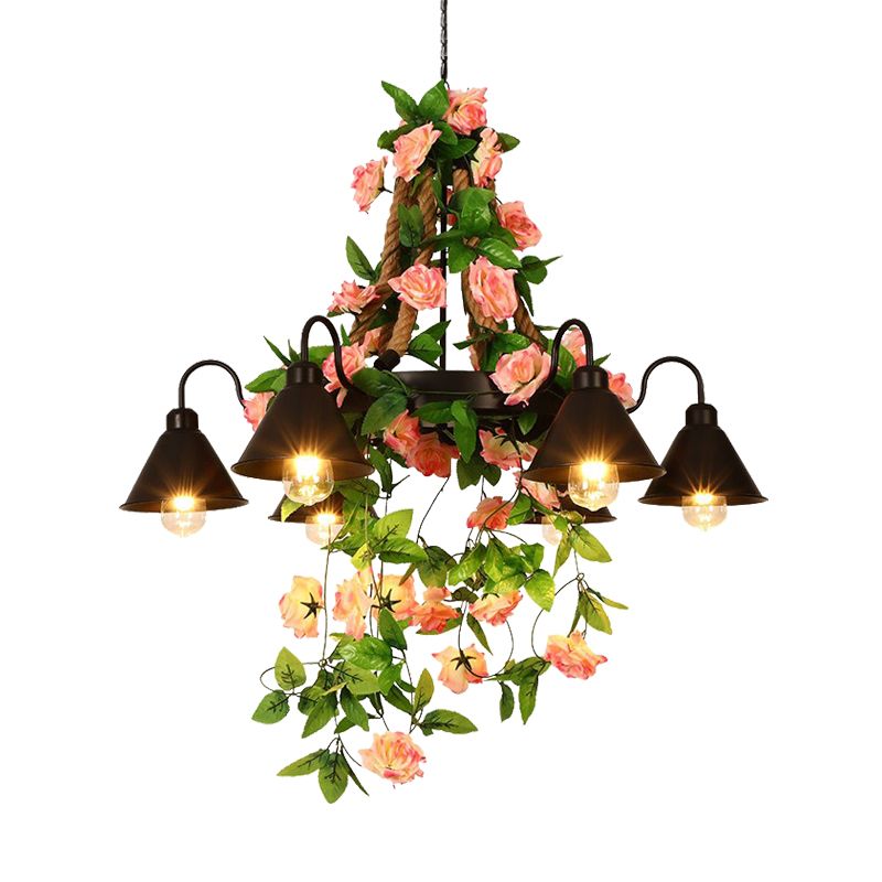 Metal Cone Chandelier Lamp Industrial 6/8 Lights Restaurant LED Ceiling Pendant in Black with Flower Decoration