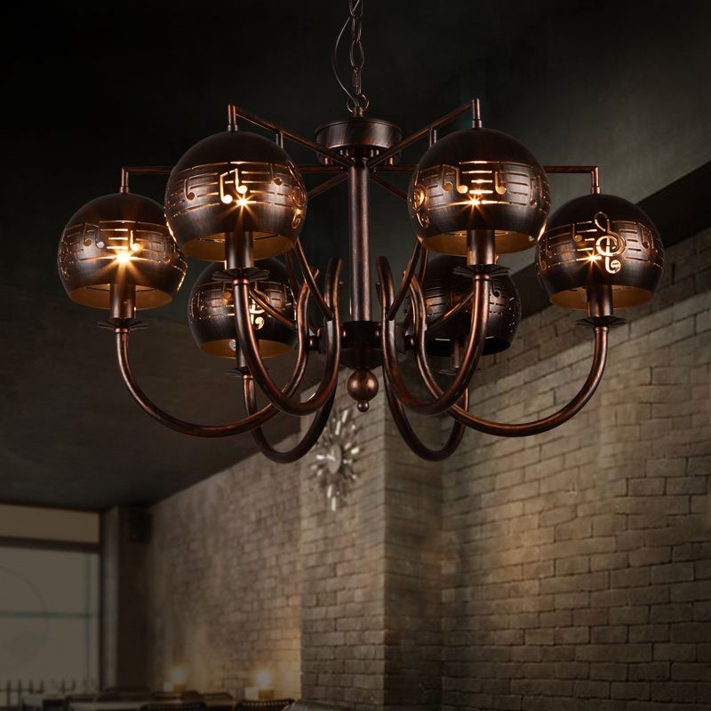 Retro Domed Shade Chandelier with Musical Note Metal 6-Light Rust Pendant Light for Restaurant