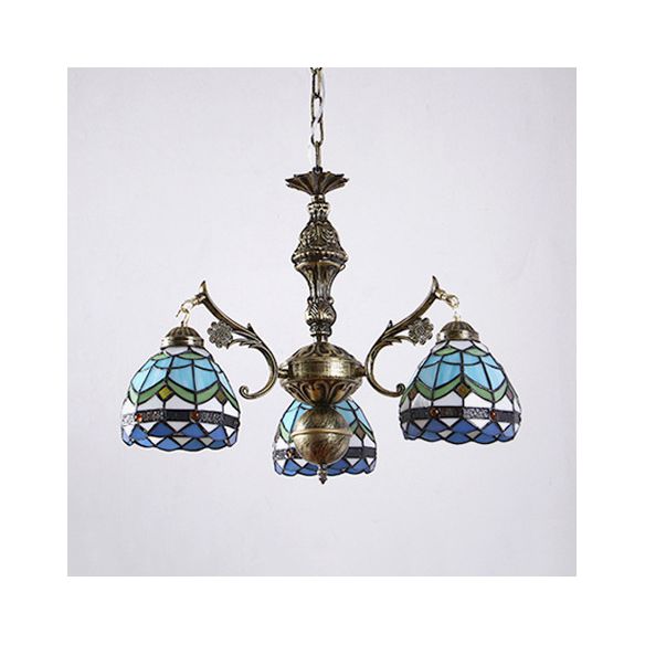 3 luces Candelera semi globo con cadena colgante de vidrio manchado de techo barroco en azul