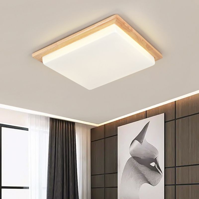 Modern LED Wood Flush Mount Geometric Shape Ceiling Light with Acrylic Shade for Bedroom