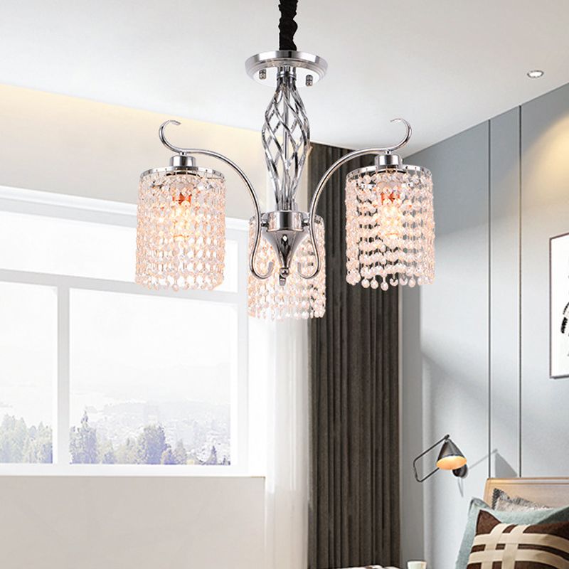 Contemporary Cylinder Chandelier Pendant Light Crystal 3/5 Lights Hanging Ceiling Light in Chrome for Living Room