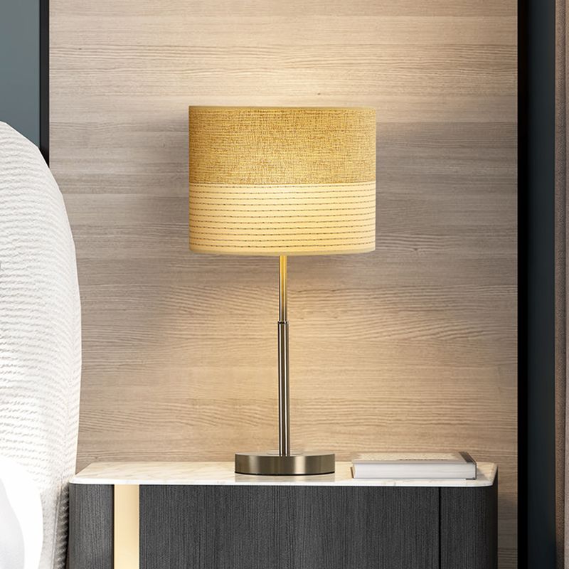 Contemporary Cylinder Night Lighting Fabric 1-Light Bedside Nightstand Lamp in Cream Gray