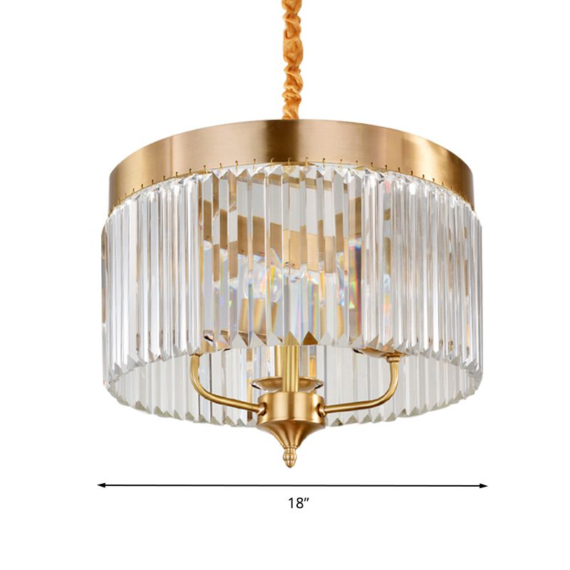 Contemporary Drum Pendant Chandelier Faceted Crystal 3 Bulbs Ceiling Hanging Light in Brass