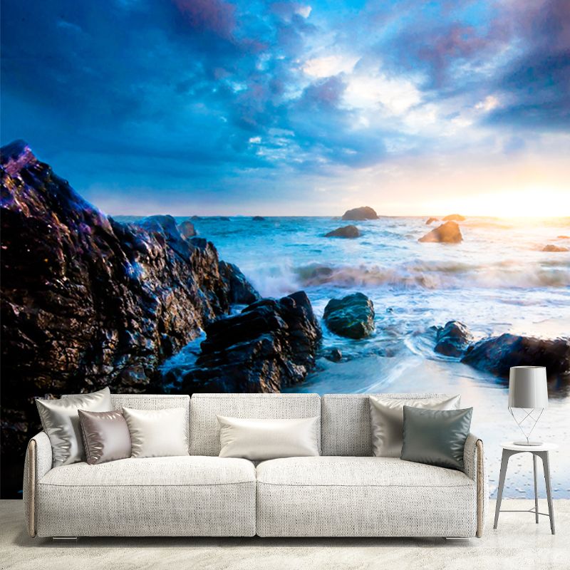 Sky Blue Tropical Mural Wallpaper Large Rock Beach Wall Covering for Living Room