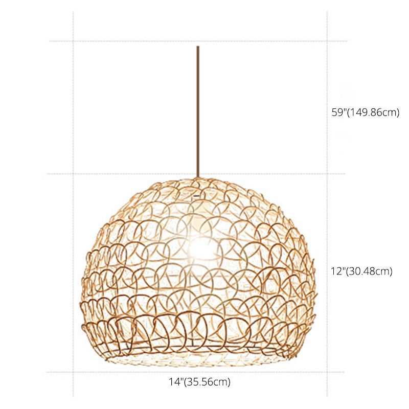 Double Rattan Shade Dome Hanging Light Asian Style Hand Weaving 1-Light Pendant with 39.3" Adjustable Wire