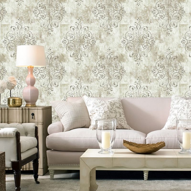 Beige Vintage Style Wallpaper 33' L x 20.5" W Jacquard Wall Covering for Living Room