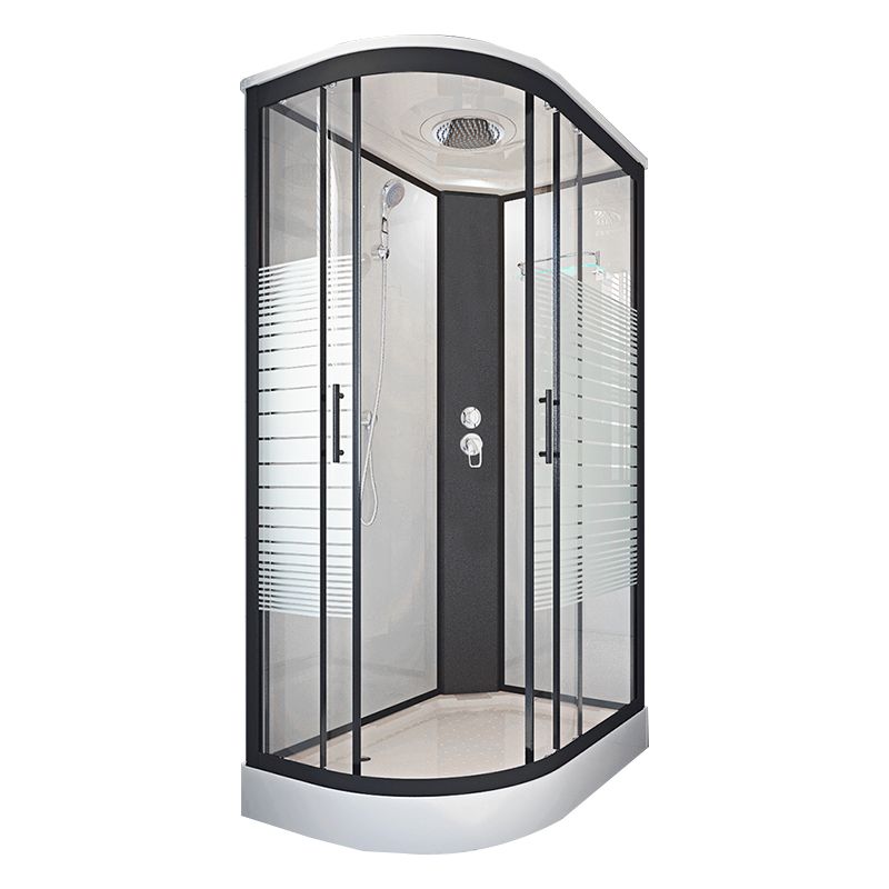 Striped Tempered Glass Shower Stall Black Double Sliding Door Shower Room