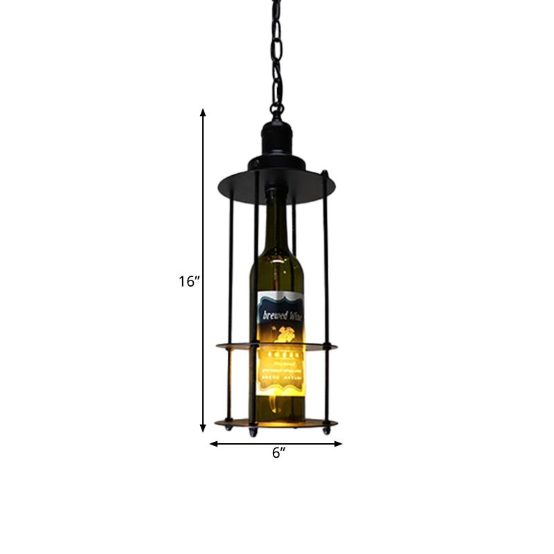 Vintage Wine Bottle Drop Pendant 1 Bulb Black Glass Hanging Lamp in Black with Wire Cage