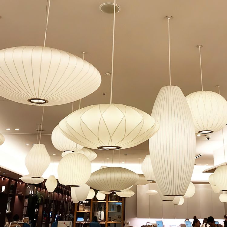 Minimalist Pendant Ceiling Light White Lantern Hanging Light Fixture with Fabric Shade