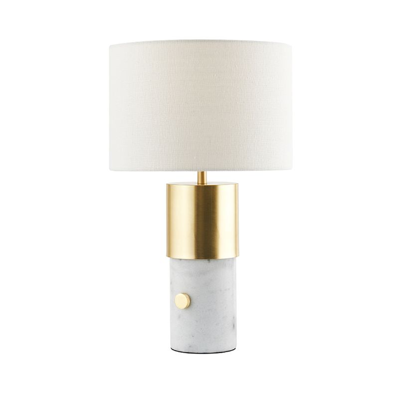 Nordic 1-Light Night Lamp White Column Marble Table Lighting with Drum Fabric Shade for Bedroom