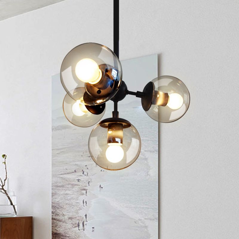 Clear Glass Ball Chandelier Lighting Loft Style Bedroom Hanging Light Fixture in Black