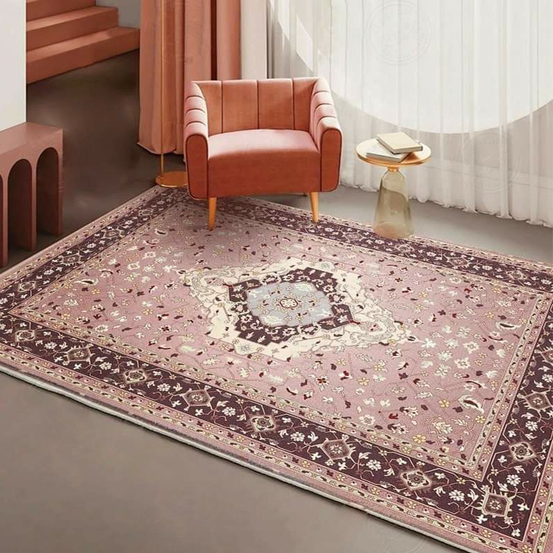Pink Mediterranean Rug Polyester Medallion and Floral Print Rug Washable Non-Slip Backing Carpet for Living Room