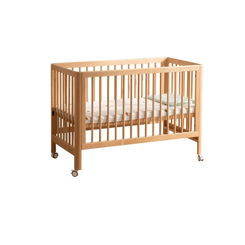 Beech Convertible Baby Crib Wood Nursery Crib with Guardrail and Wheels