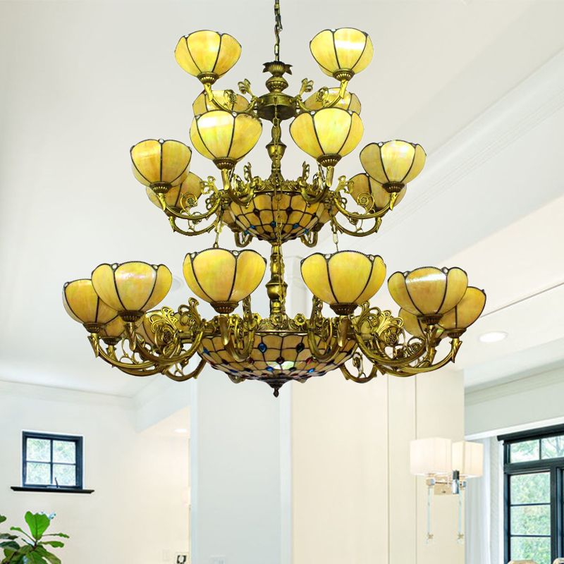 Glass Dome Shade Chandelier Villa Hotel 3-Tier Tiffany Antique Hanging Light in Yellow