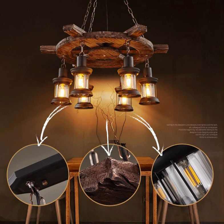 Black Wooden Boat Chandelier Retro Industrial Circular 6 Light Suspension Light for Dining Room Table