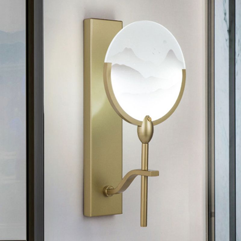 Chinese ronde ventilator muurschildering Licht Acryl Acryl Led Wall Monted Light armatuur in goud