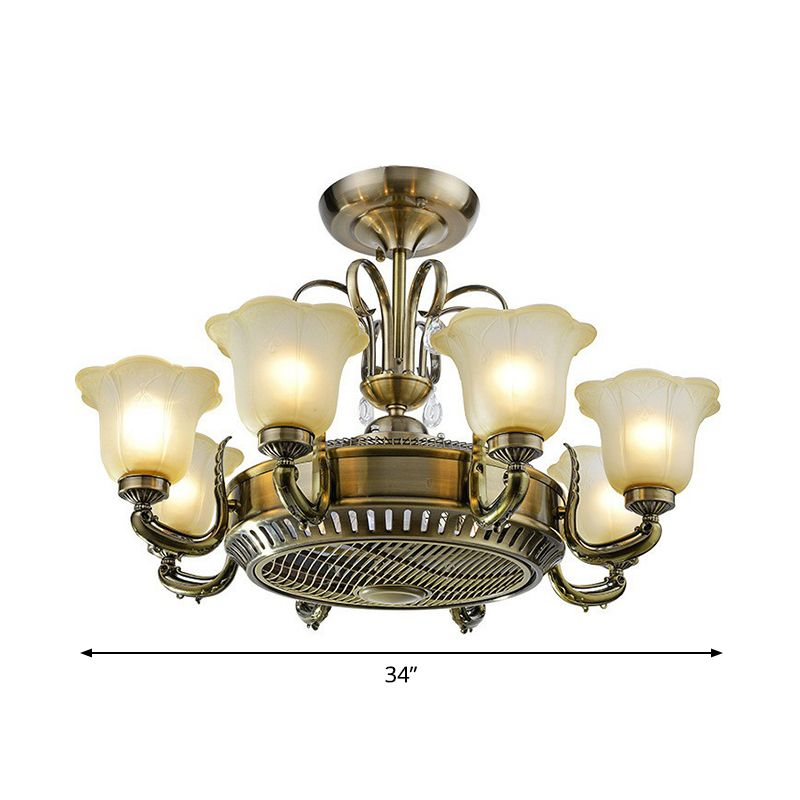 34" Wide Vintage Floral Pendant Fan Lamp Frosted Glass 3-Blade Semi-Flush Ceiling Light in Light Gold