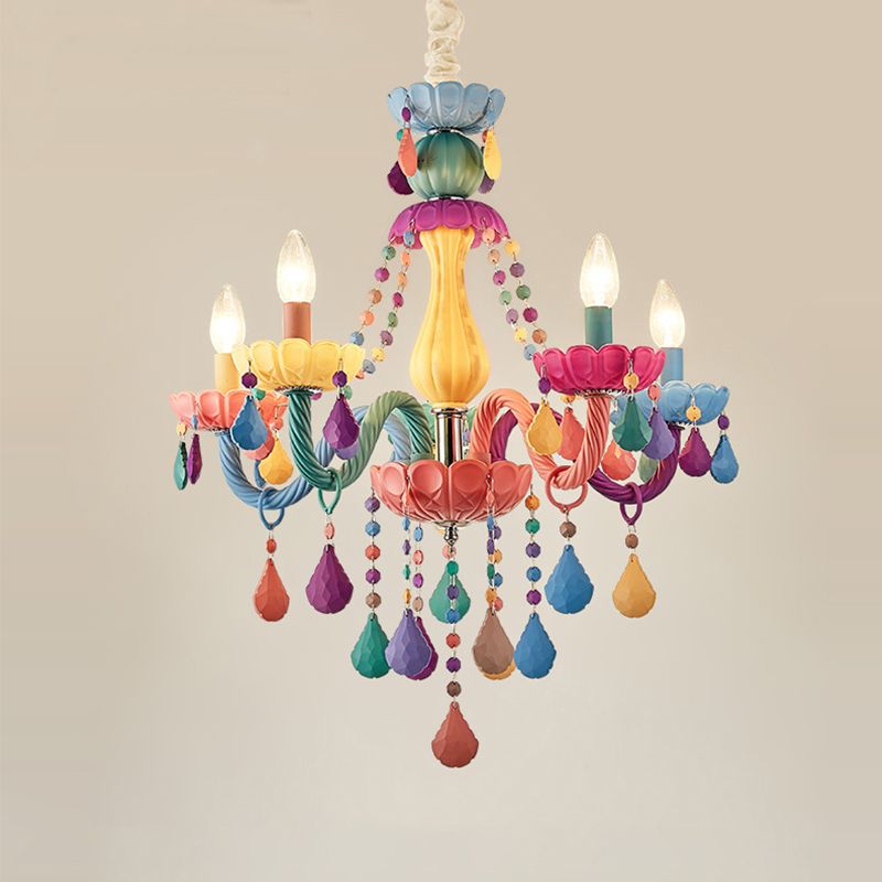 Bougie Baby Room Chandelier Metal Macaron Suspension Lumière avec des rideaux en cristal