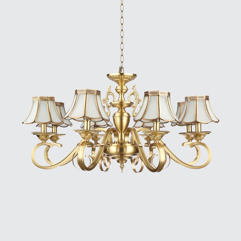 Polished Brass Scalloped Chandelier Lamp Colonial Frosted Glass 8 Lights Living Room Hanging Ceiling Light