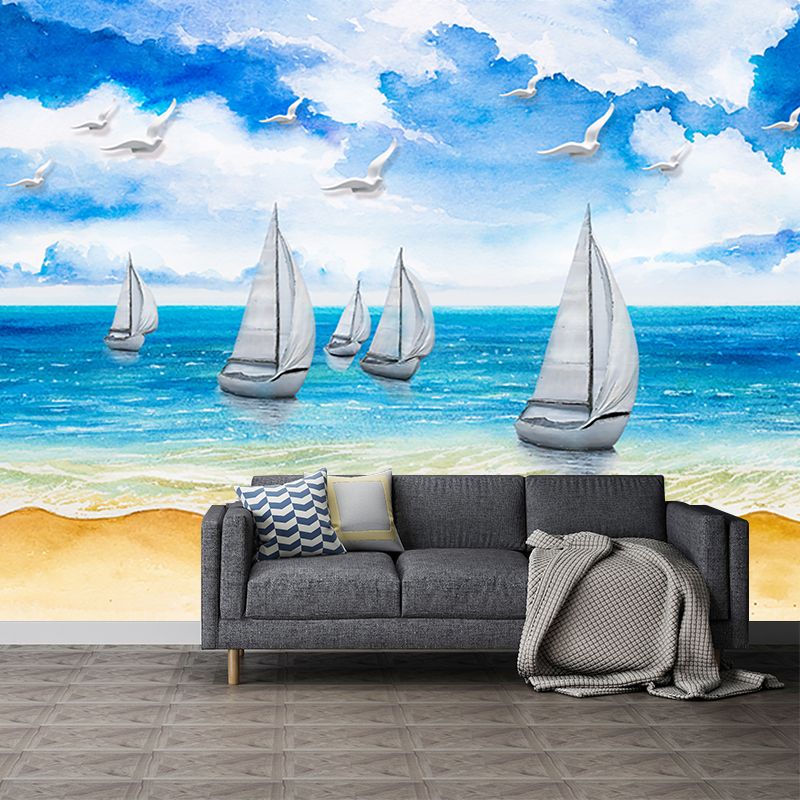 Whole Tropics Wall Paper Murals Blue and White Sailboat on Seashore Painting Wall Art, Custom-Made