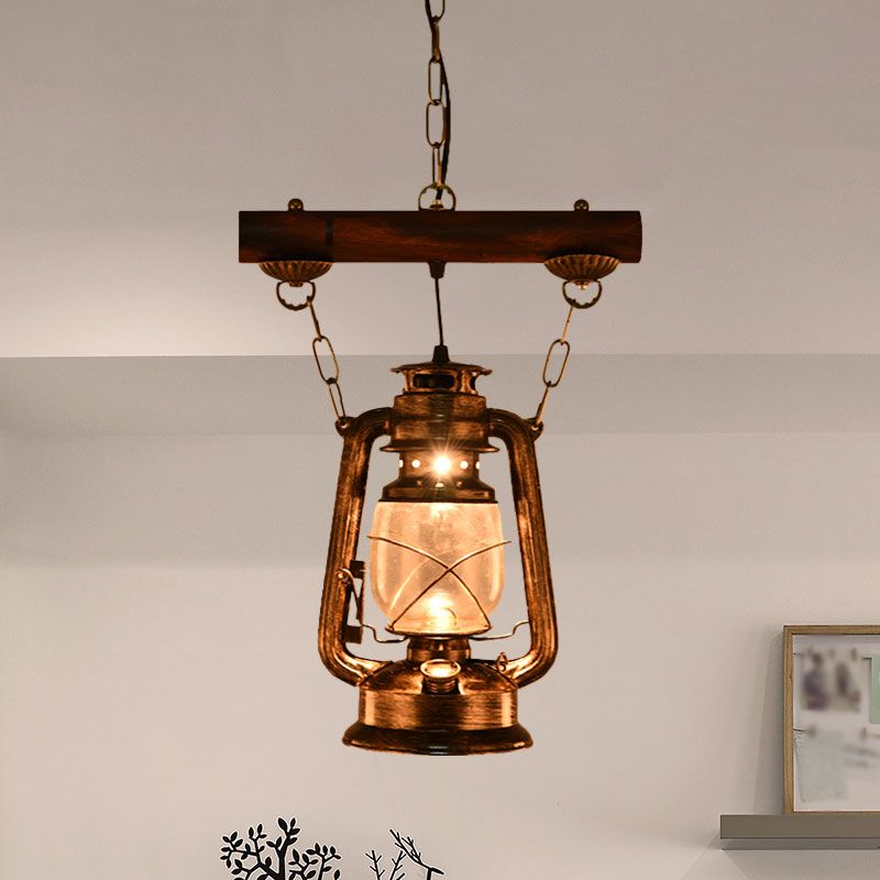 1 Light Kerosene Pendant Lighting Antique Bronze Clear Glass Hanging Light Fixture for Bedroom