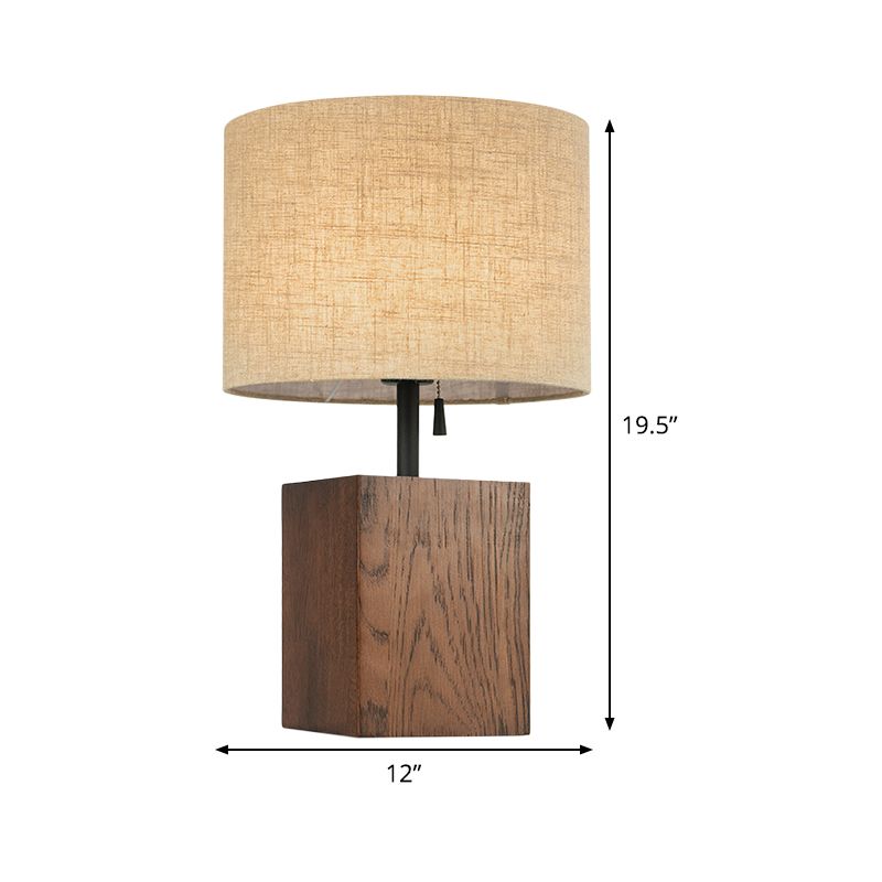 Flaxen Cylinder Desk Light Modern 1 Bulb Fabric Table Lamp, Brown Rectangular Wood Base